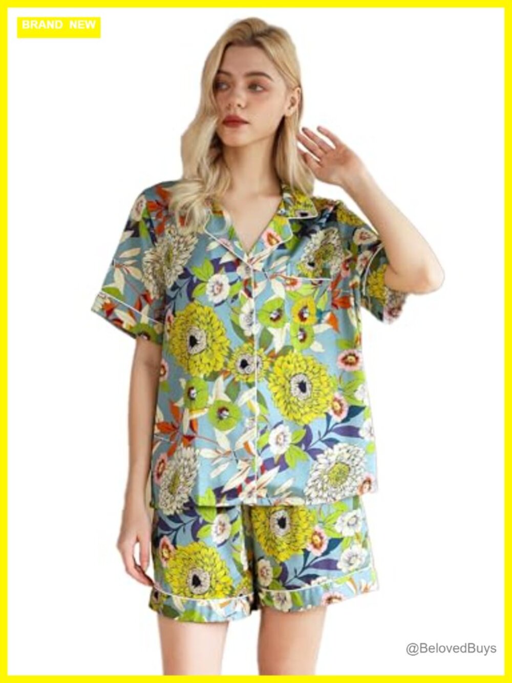 Silk Satin Short Sleeve Pajama Set Button Down 2 Piece Sleepwear with Pockets